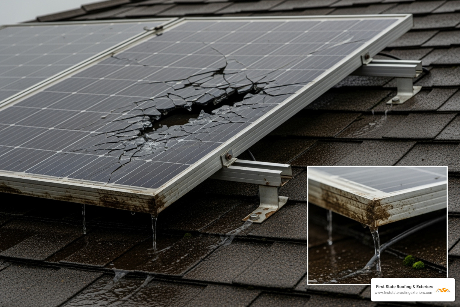damaged solar panel or a leaking roof penetration point - remove solar panels to replace roof