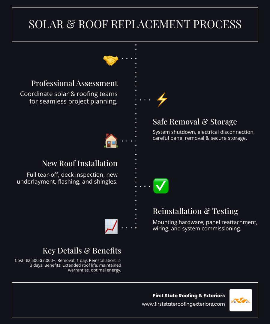 infographic showing the complete process: 1) Professional Assessment and Coordination between solar and roofing teams, 2) Safe Removal with proper electrical shutdown and component storage, 3) Roof Replacement with full tear-off and inspection, 4) Reinstallation and Testing with system commissioning; timeline shows 1 day removal plus roof work duration plus 2-3 days reinstallation; cost range $2,500-$7,000+ depending on system size; benefits listed as extended roof lifespan, maintained solar warranties, optimal energy production, and increased home value - remove solar panels to replace roof infographic infographic-line-5-steps-dark