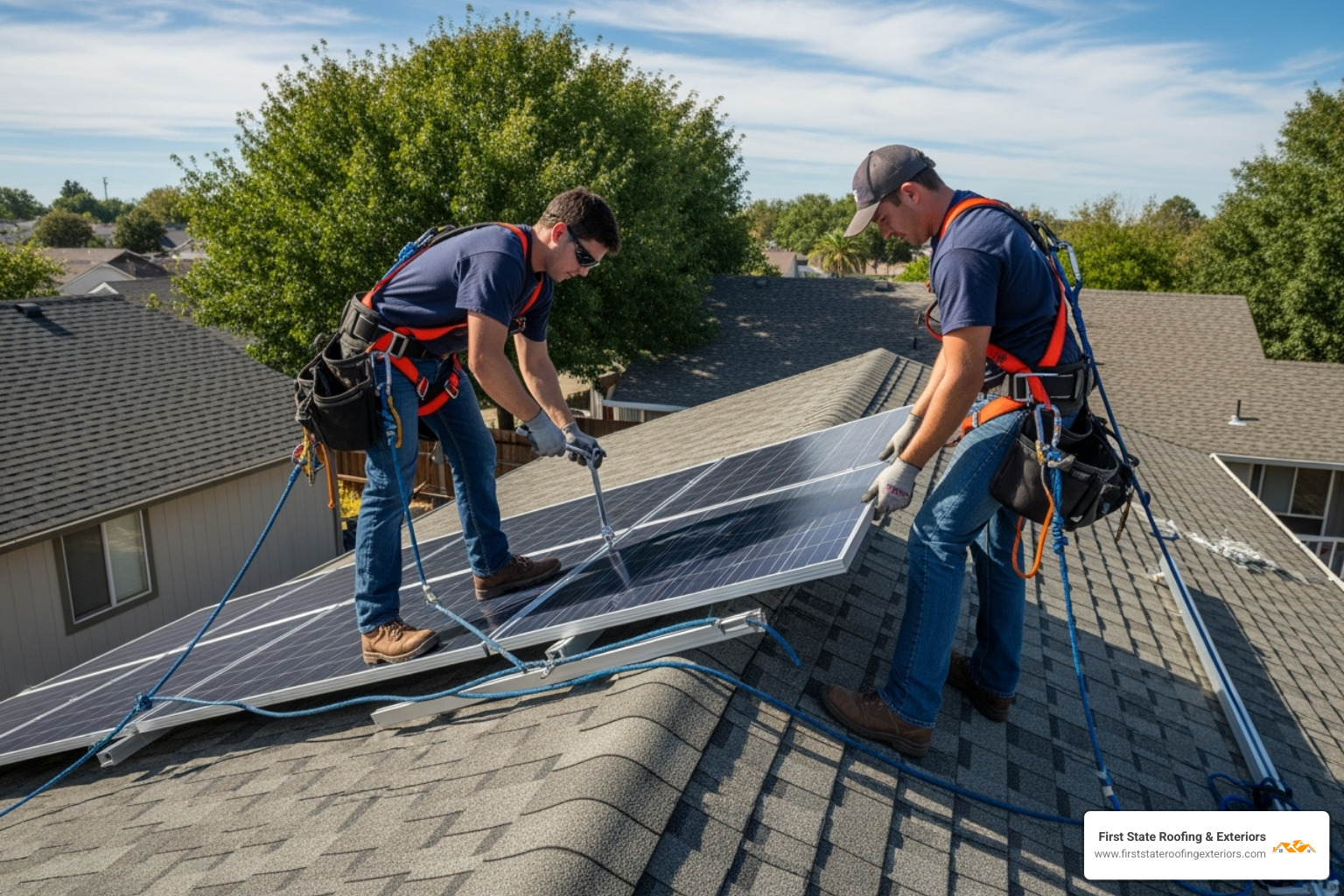 professionals carefully detaching a solar panel from its racking - remove solar panels to replace roof