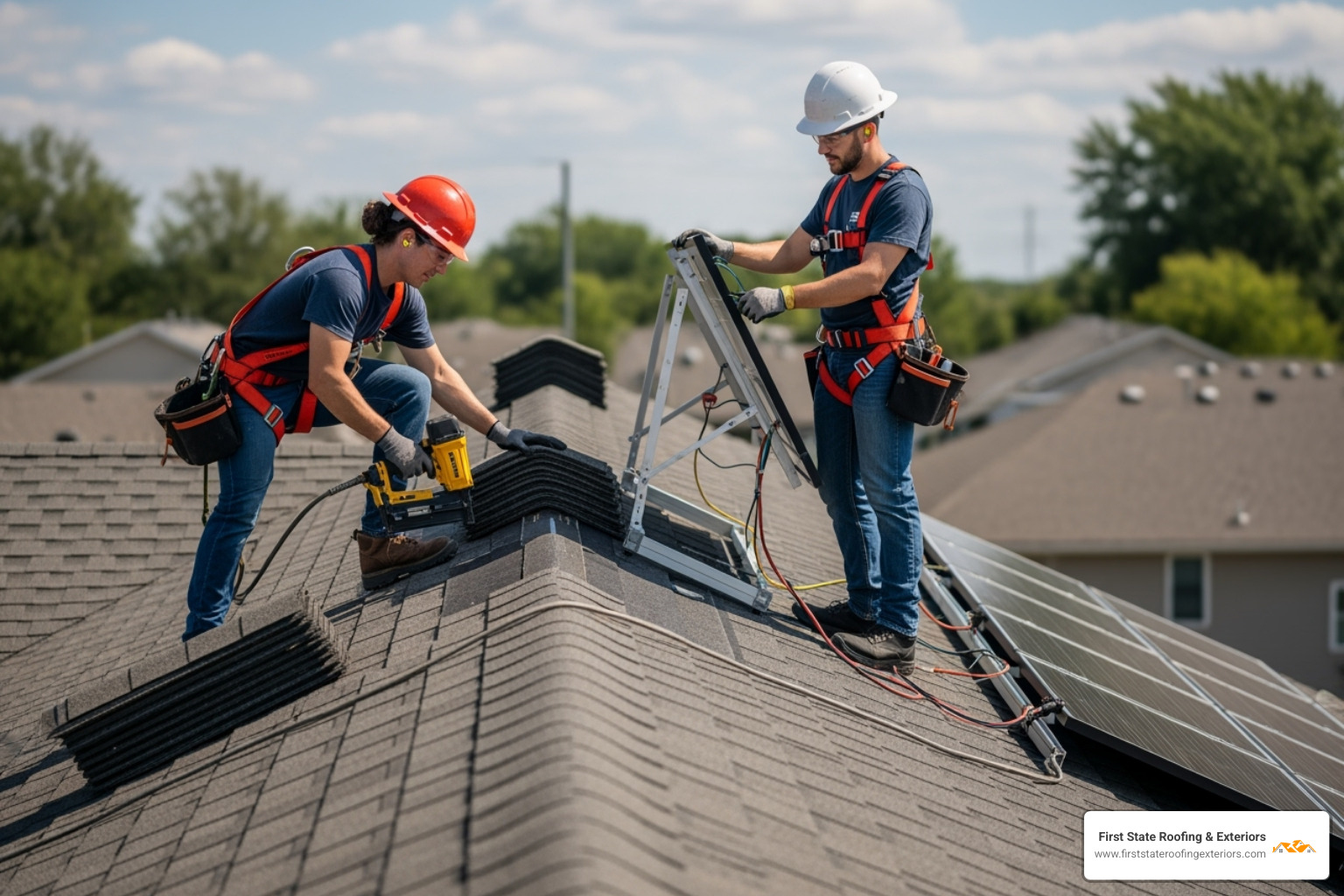 roofer and a solar technician collaborating on a roof, both wearing safety harnesses - remove solar panels to replace roof