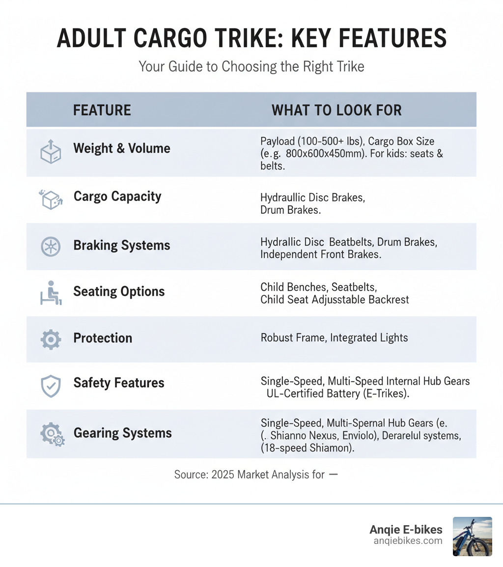 Table comparing key features to consider for adult cargo trikes - adult cargo trike infographic 