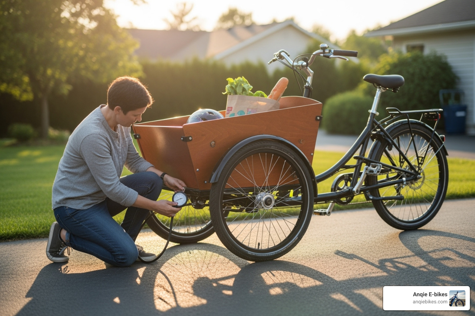 person checking tire pressure on a cargo trike - adult cargo trike