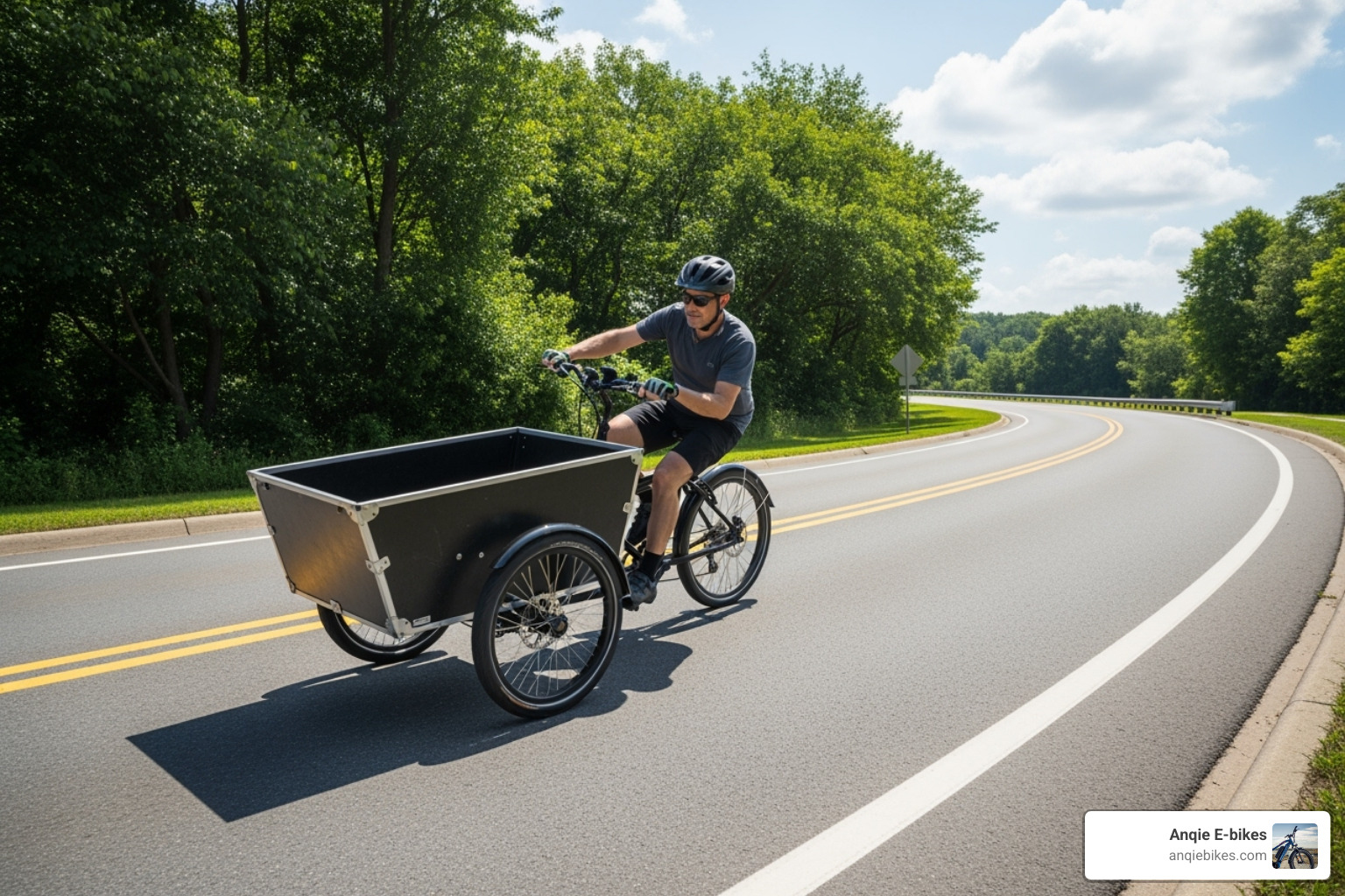 rider demonstrating correct body lean - adult cargo trike