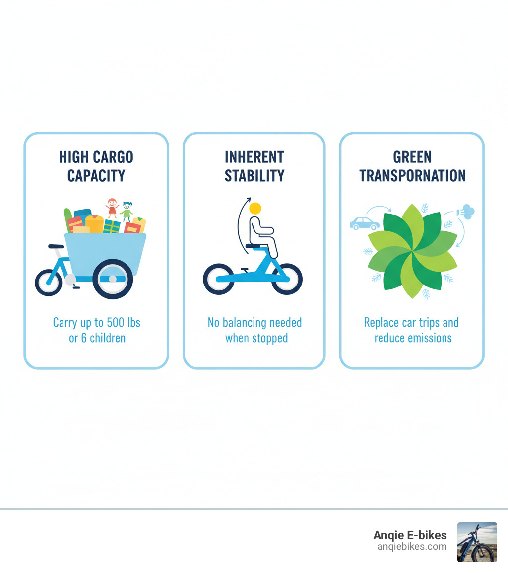 Infographic showing three core benefits of adult cargo trikes: First panel shows a large cargo box with "High Cargo Capacity - carry up to 500 lbs or 6 children", second panel shows a stable three-wheeled base with "Inherent Stability - no balancing needed when stopped", third panel shows green leaves with "Green Transportation - replace car trips and reduce emissions" - adult cargo trike infographic 