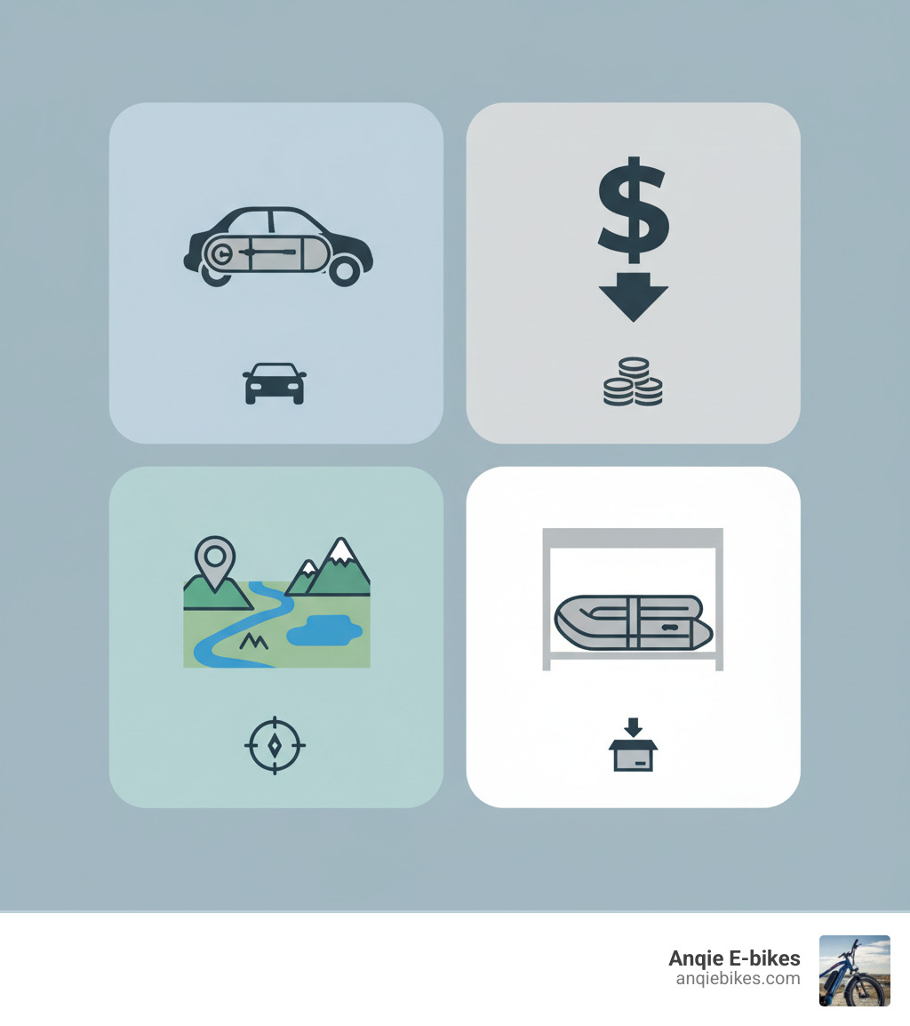infographic showing four main benefits of inflatable fishing boats: portability with car icon, cost-effectiveness with dollar sign, accessibility with map pin on remote location, and easy storage with compact folded boat - inflatable fishing boat infographic 