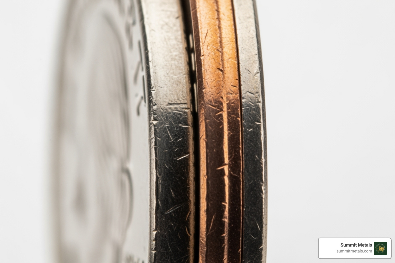 close-up of a silver coin's edge compared to a clad coin's edge - junk silver close-up of a silver coin's edge compared to a clad coin's edge - junk silver