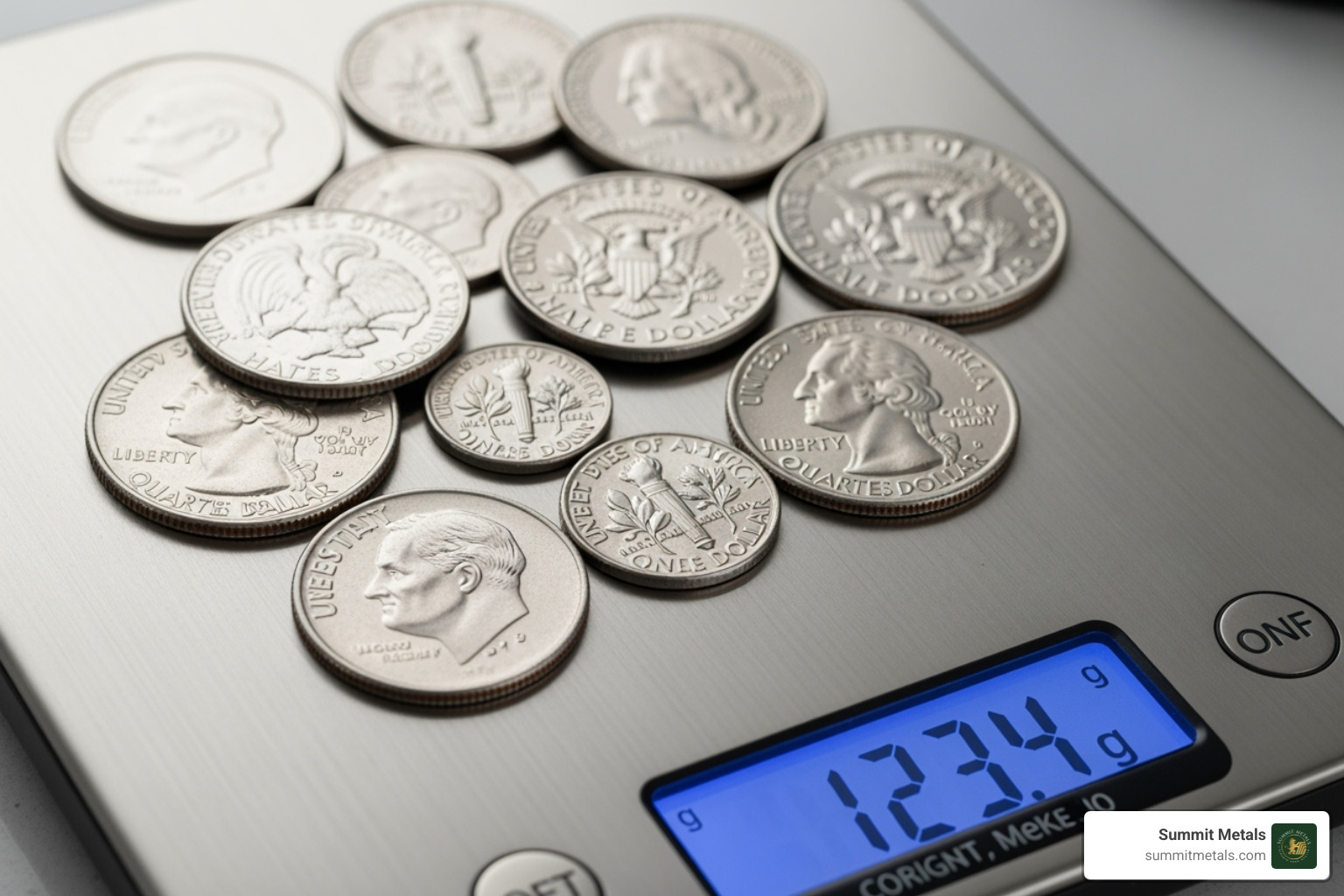 silver coins on a digital scale displaying their weight - junk silver silver coins on a digital scale displaying their weight - junk silver