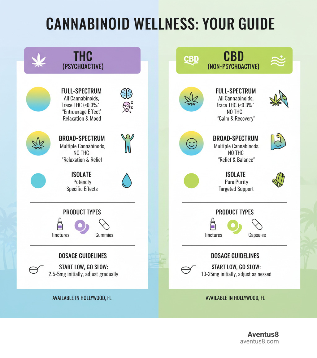 Infographic showing the differences between THC and CBD products, including full-spectrum, broad-spectrum, and isolate options, with dosage guidelines and product types like tinctures, gummies, and capsules available in Hollywood, FL - THC supplements and oils infographic Infographic showing the differences between THC and CBD products, including full-spectrum, broad-spectrum, and isolate options, with dosage guidelines and product types like tinctures, gummies, and capsules available in Hollywood, FL - THC supplements and oils infographic