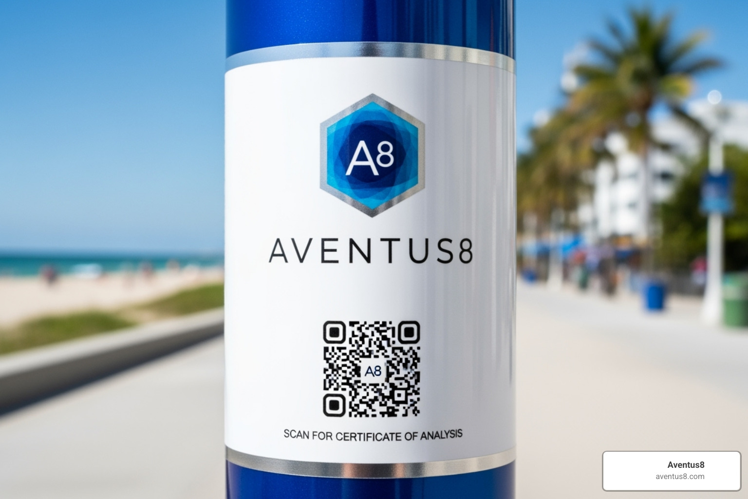 Aventus8 product label showing a QR code for a Certificate of Analysis (CoA), with a Hollywood, FL landmark in the background - THC supplements and oils Aventus8 product label showing a QR code for a Certificate of Analysis (CoA), with a Hollywood, FL landmark in the background - THC supplements and oils