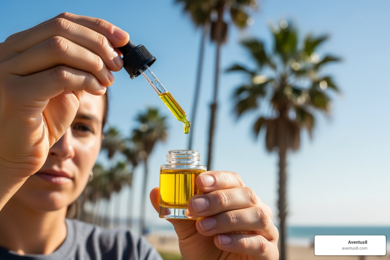 Person carefully measuring Aventus8 THC oil with a dropper, with a Hollywood, FL setting - THC supplements and oils Person carefully measuring Aventus8 THC oil with a dropper, with a Hollywood, FL setting - THC supplements and oils