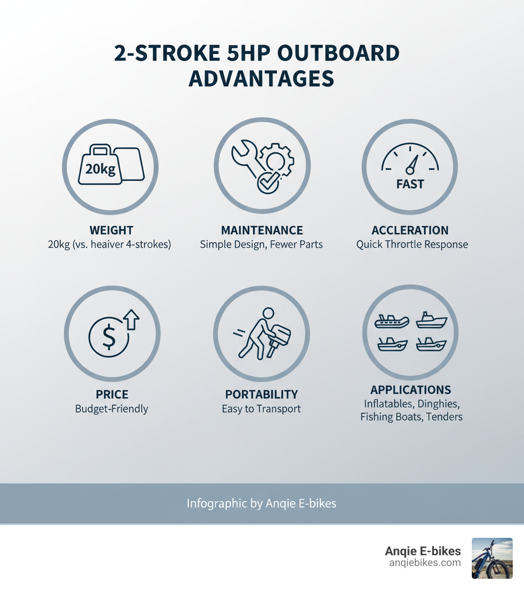 Infographic showing key advantages of 2-stroke 5hp outboards: Weight (20kg vs heavier 4-strokes), Maintenance (simple design with fewer parts), Acceleration (quick throttle response), Price (budget-friendly), Portability (easy to transport), and Applications (inflatables, dinghies, fishing boats, tenders) - 2 stroke 5hp outboard motor infographic 