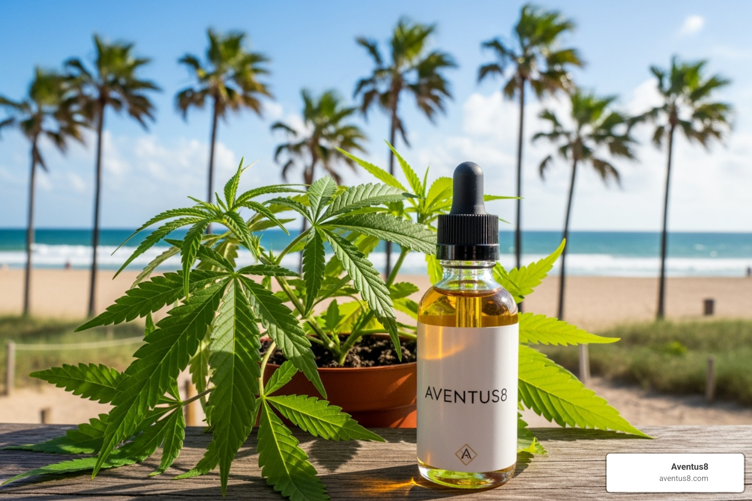 Aventus8 dropper bottle next to a hemp plant, with Hollywood, FL scenery - THC supplements and oils Aventus8 dropper bottle next to a hemp plant, with Hollywood, FL scenery - THC supplements and oils