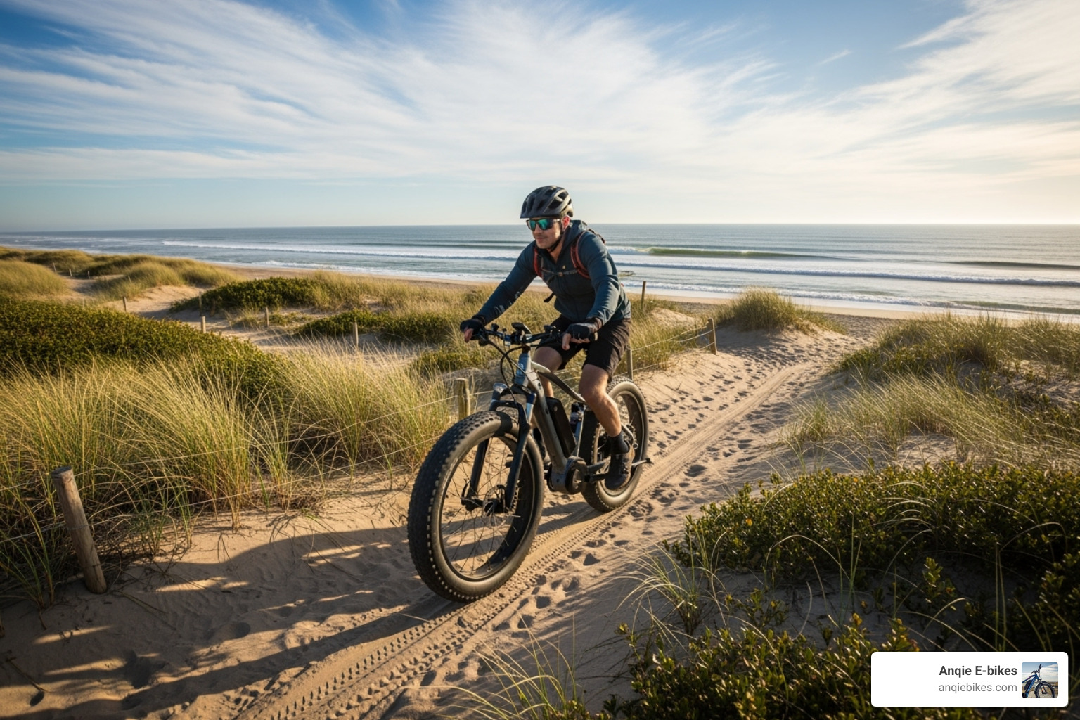 fat tire e-bike on a sandy beach trail - electric bikes for adults
