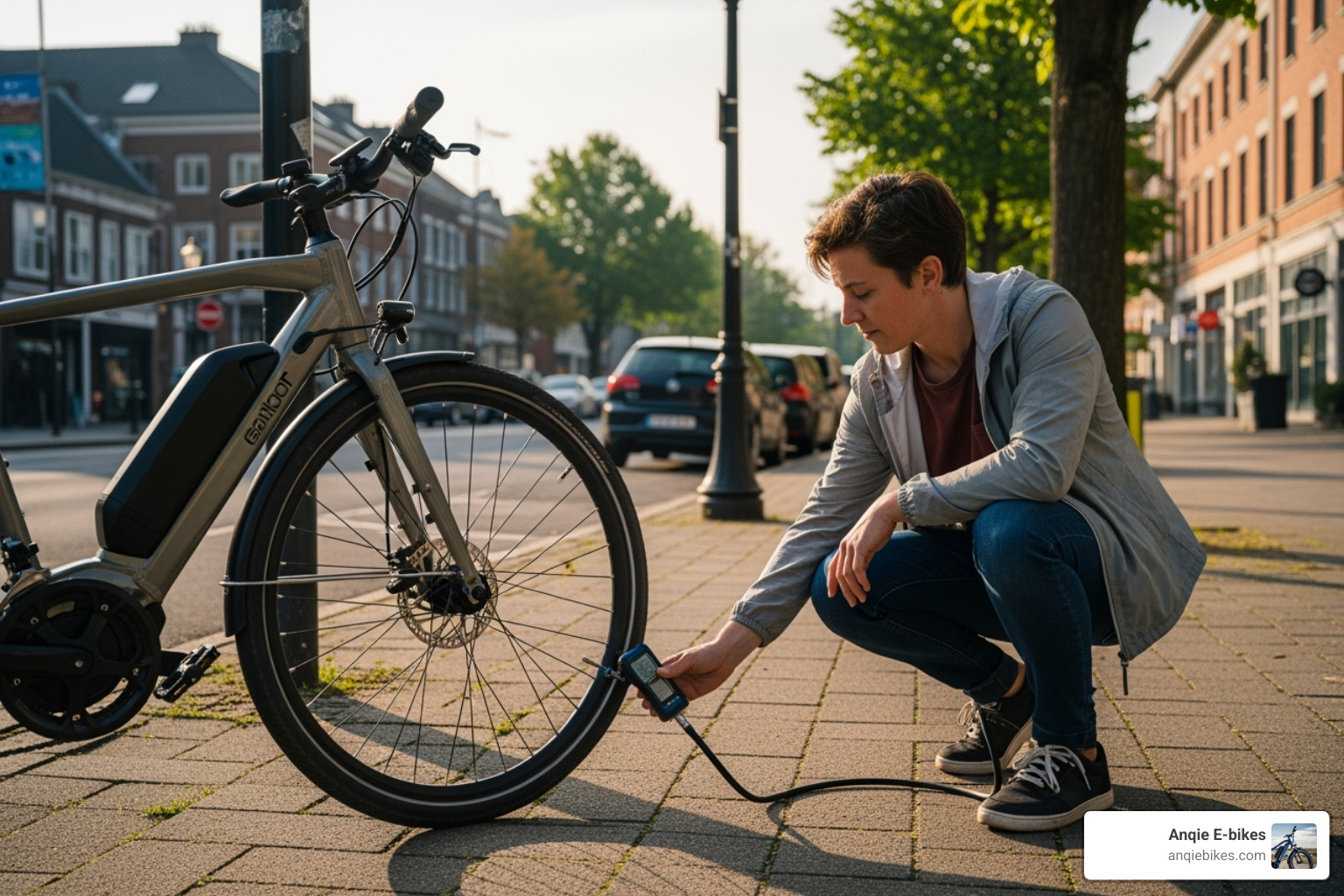 person checking tire pressure on an e-bike - electric bikes for adults