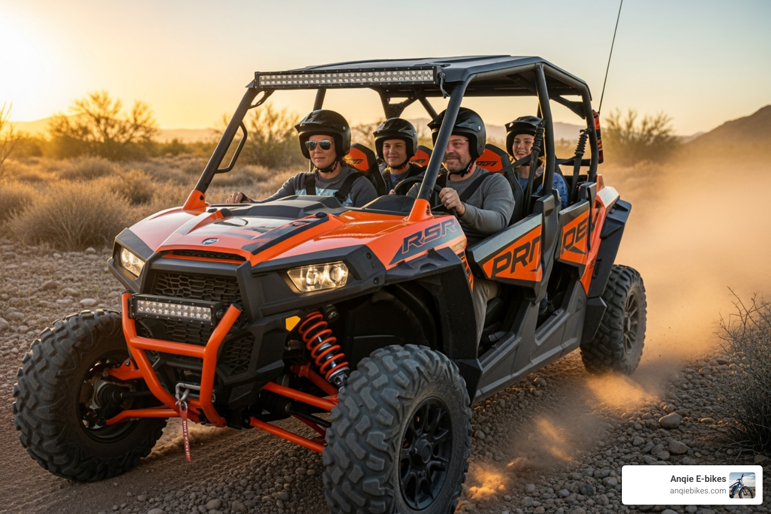 riders wearing helmets and seatbelts in a UTV - side by side UTV