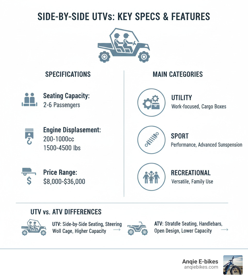 Infographic showing side-by-side UTV key specifications including seating capacity (2-6 passengers), typical engine displacement (200-1000cc), towing capacity (1500-4500 lbs), typical price range ($8,000-$36,000), and three main categories: Utility (work-focused with cargo boxes), Sport (performance-focused with advanced suspension), and Recreational (versatile for family use). Also displays the main differences from ATVs: side-by-side seating vs straddle seating, steering wheel vs handlebars, roll cage protection, and higher passenger and cargo capacity. - side by side UTV infographic 