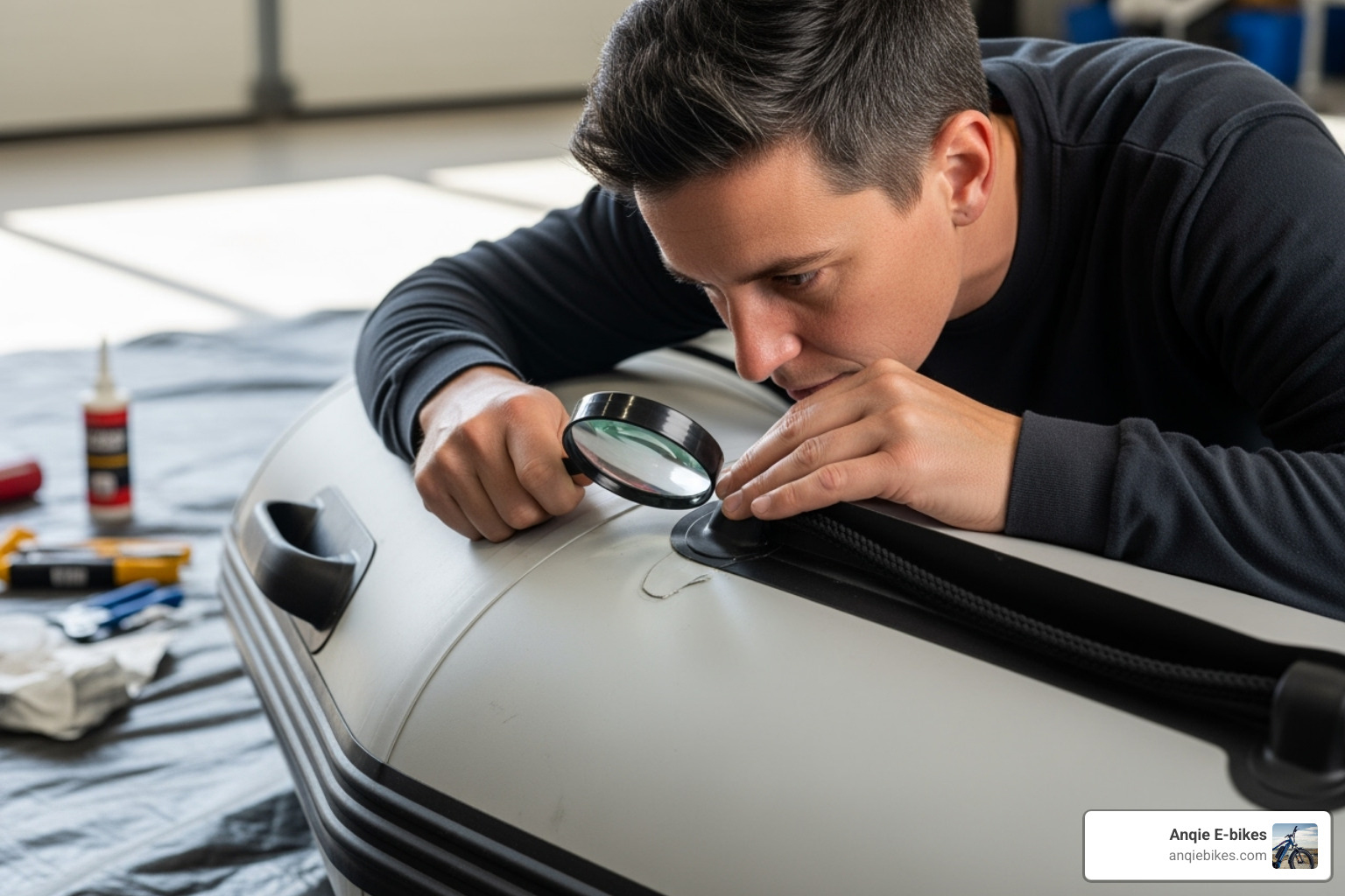 Image of someone inspecting the seams of an inflatable boat - used inflatable fishing boats for sale