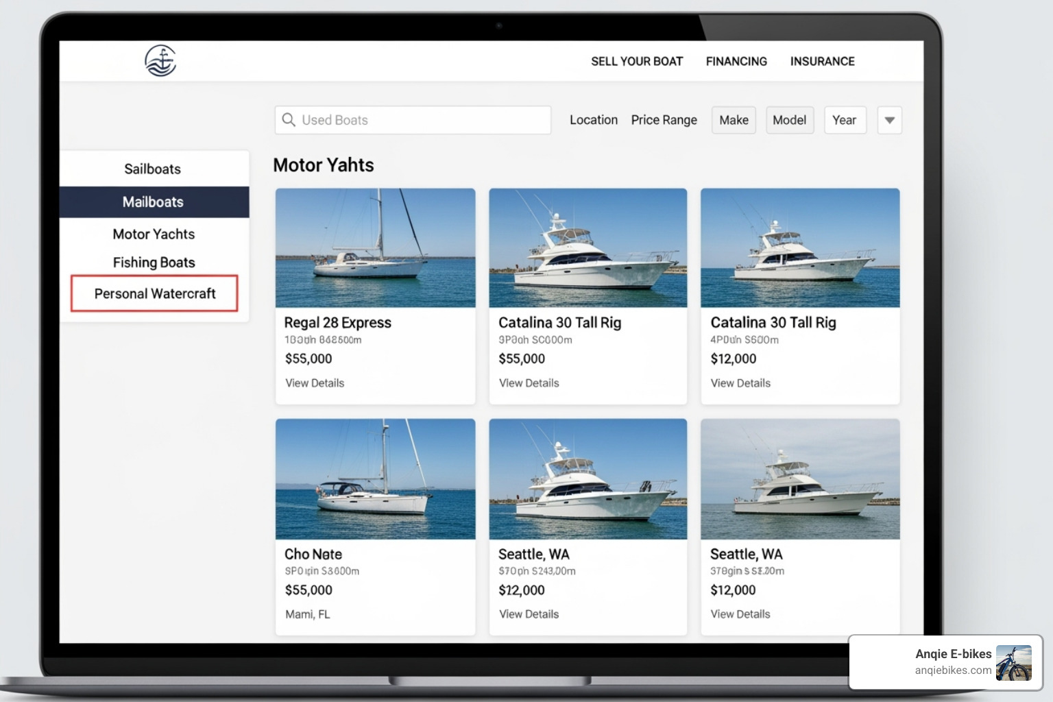 Image of a computer screen showing an online marketplace for boats - used inflatable fishing boats for sale