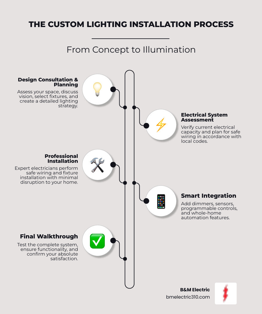 Infographic showing the custom lighting installation process: 1. Design Consultation - assess space and discuss vision, 2. Lighting Plan - select fixtures and create placement strategy, 3. Electrical Assessment - verify system capacity and plan wiring, 4. Professional Installation - safe wiring with minimal disruption, 5. Smart Integration - add controls and automation, 6. Final Walkthrough - test system and ensure satisfaction - custom lighting installation torrance infographic infographic-line-5-steps-elegant_beige