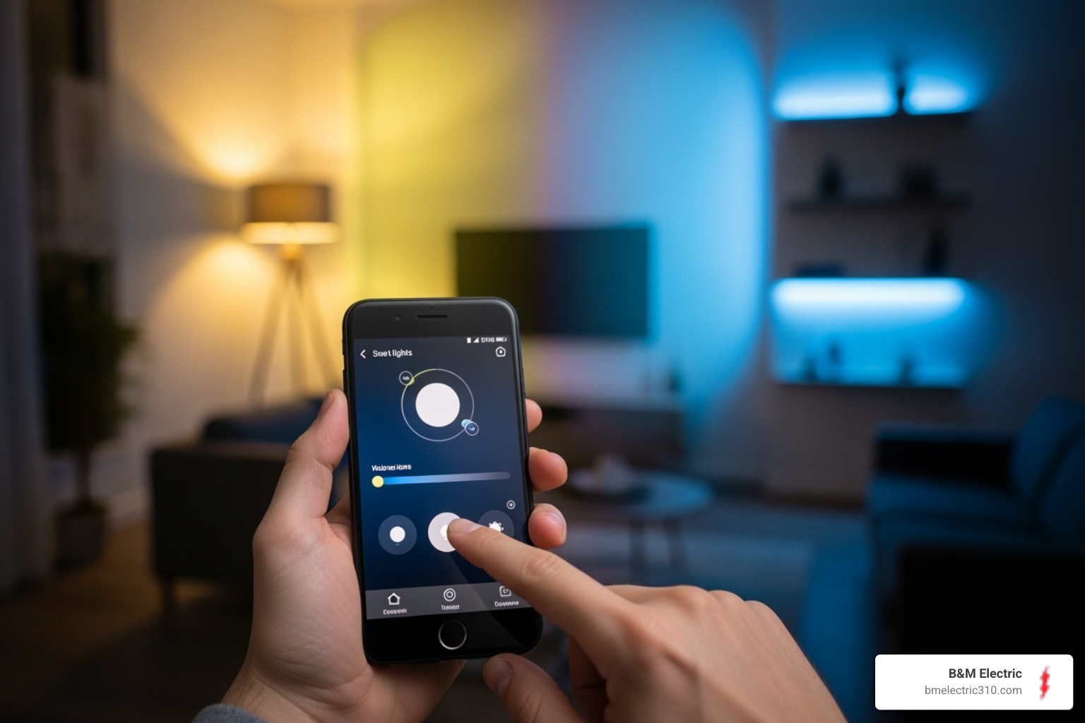 Person controlling their home lighting with a smartphone - custom lighting installation torrance