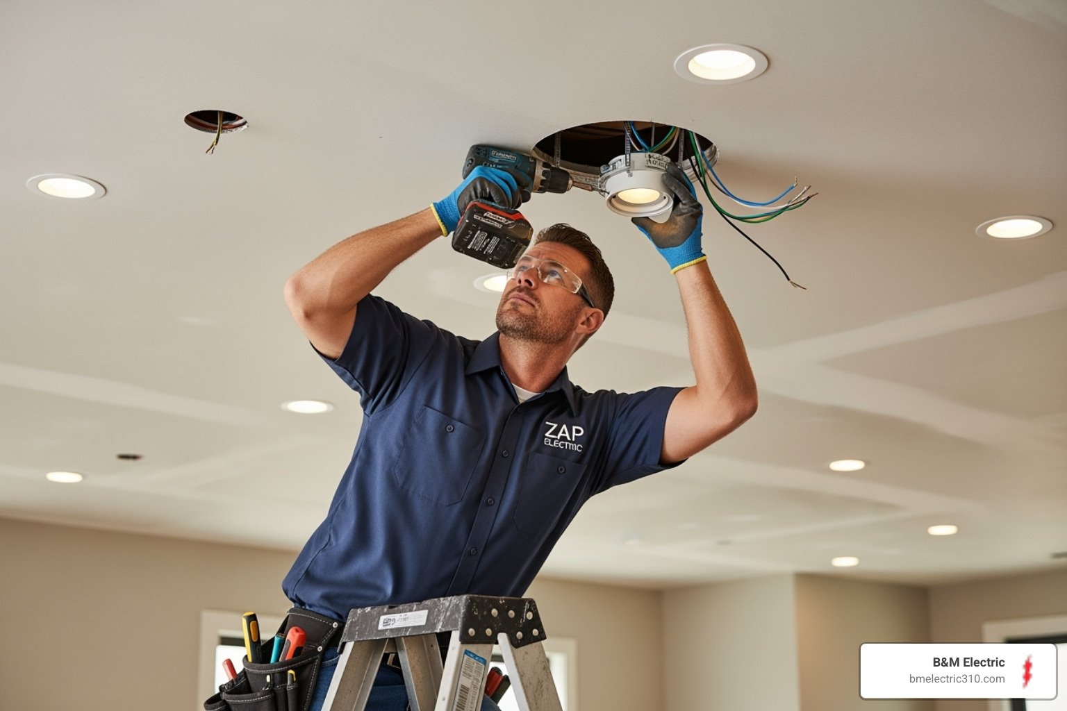 Electrician carefully installing a recessed light fixture - custom lighting installation torrance