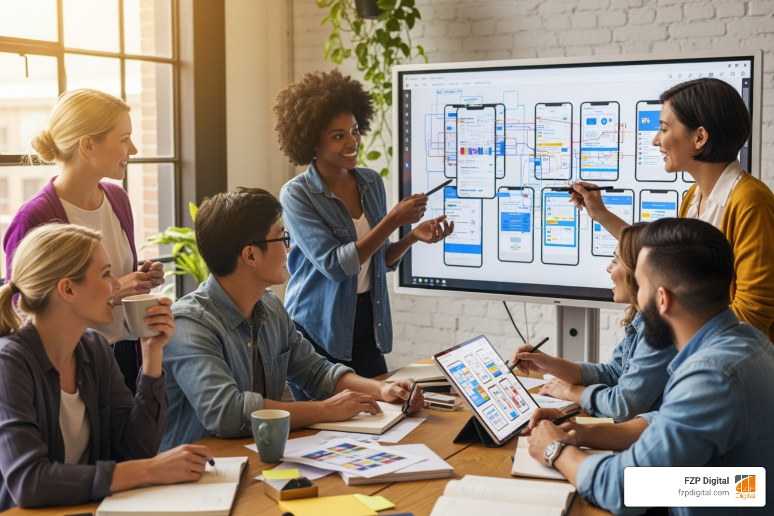 team collaborating on wireframes and mockups - non profit site design team collaborating on wireframes and mockups - non profit site design