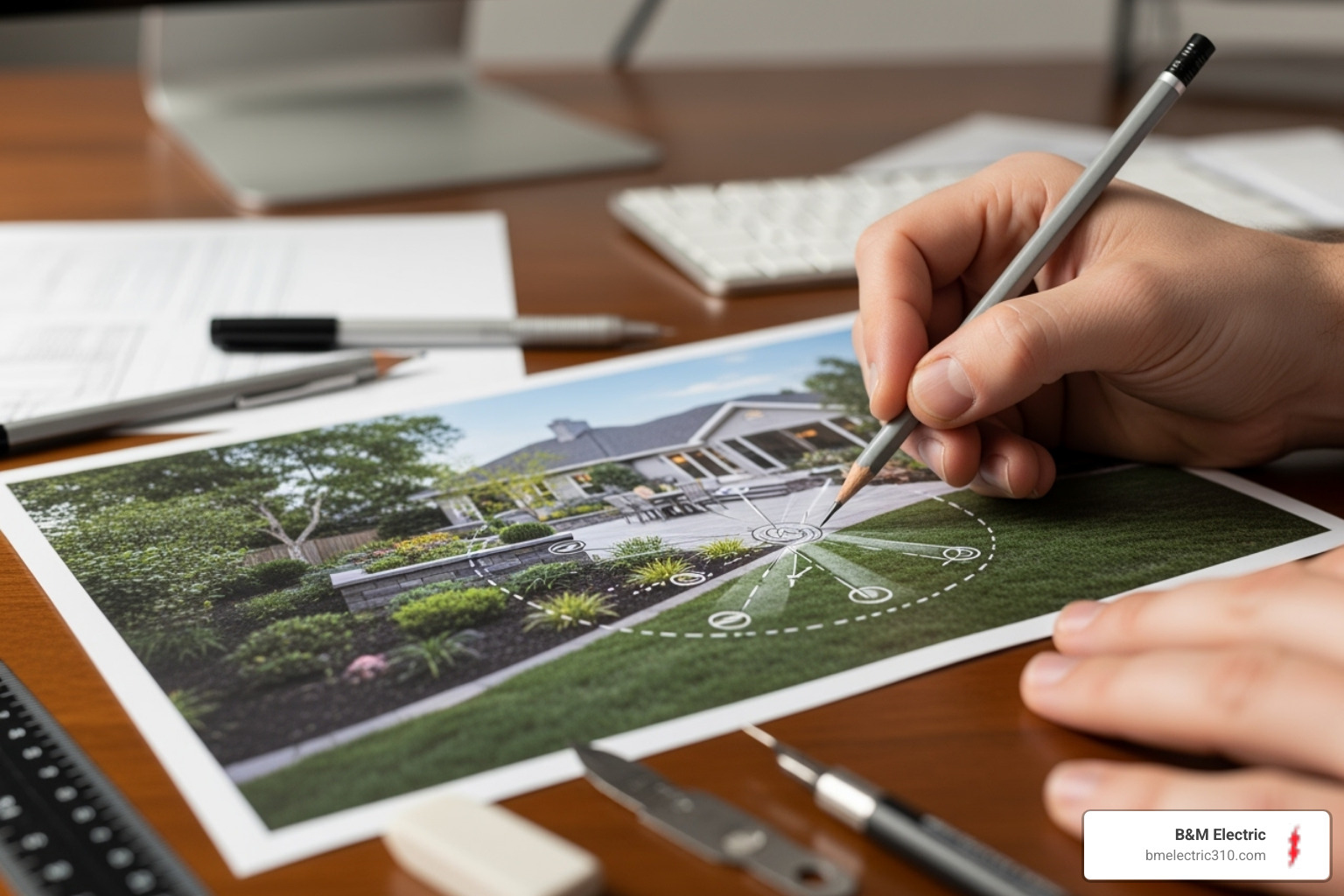 Lighting designer sketching a plan over a photo of a backyard - outdoor lighting installation torrance
