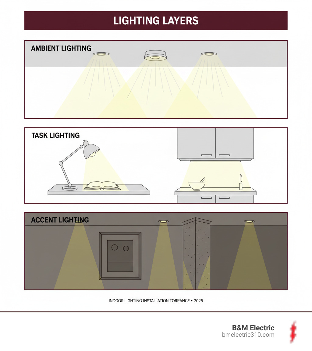 Infographic showing three layers of lighting: Ambient lighting at the top with ceiling fixtures providing overall illumination, Task lighting in the middle with focused desk and under-cabinet lights for specific activities, and Accent lighting at the bottom with spotlights highlighting artwork and architectural features - indoor lighting installation torrance infographic 