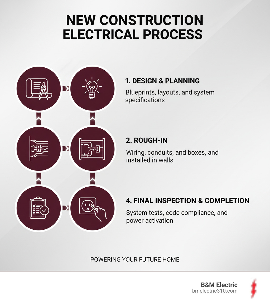 Infographic showing the 4 stages of new construction electrical work: Design & Planning, Rough-In, Trim-Out, and Final Inspection & Completion - new construction electrical contractor torrance infographic 