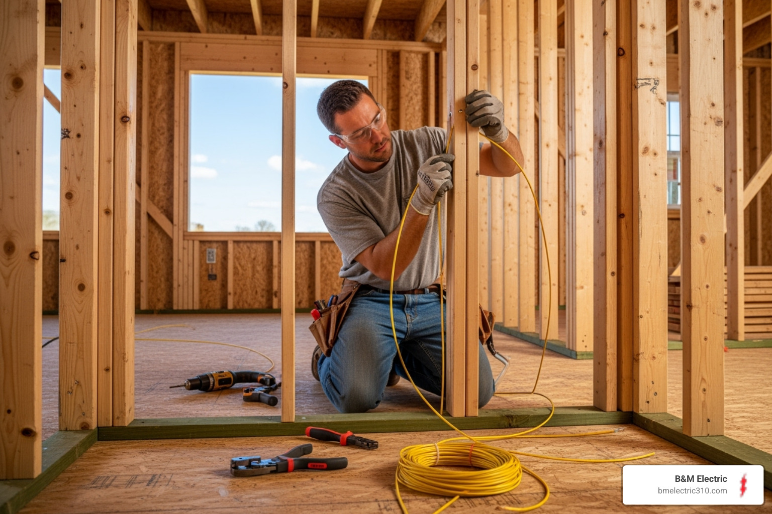 Electrician installing wiring in a new home's frame - new construction electrical contractor torrance