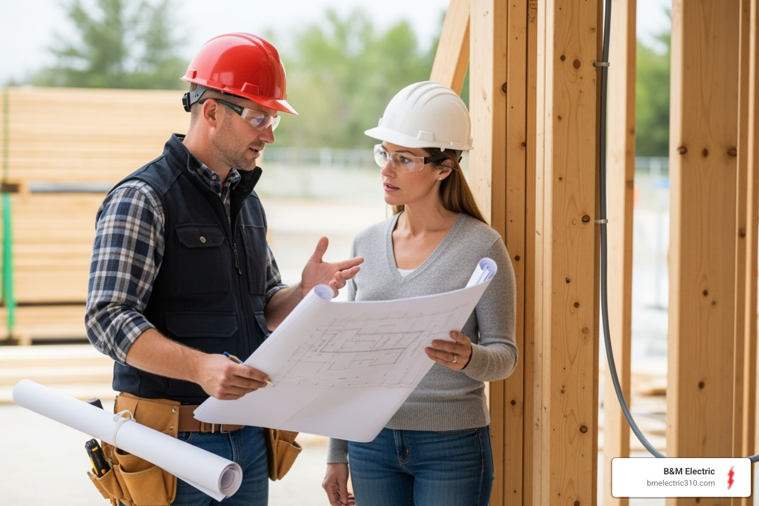 Professional electrician talking with a homeowner on a construction site - new construction electrical contractor torrance