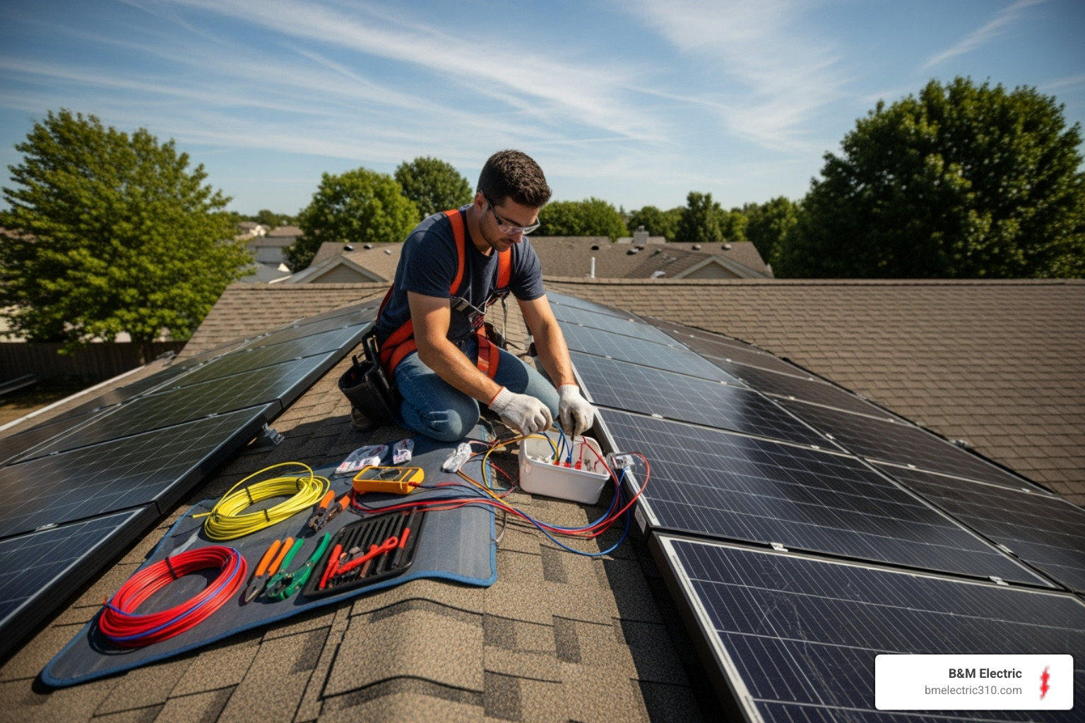 electrician carefully wiring a solar panel system - solar panel wiring installation torrance