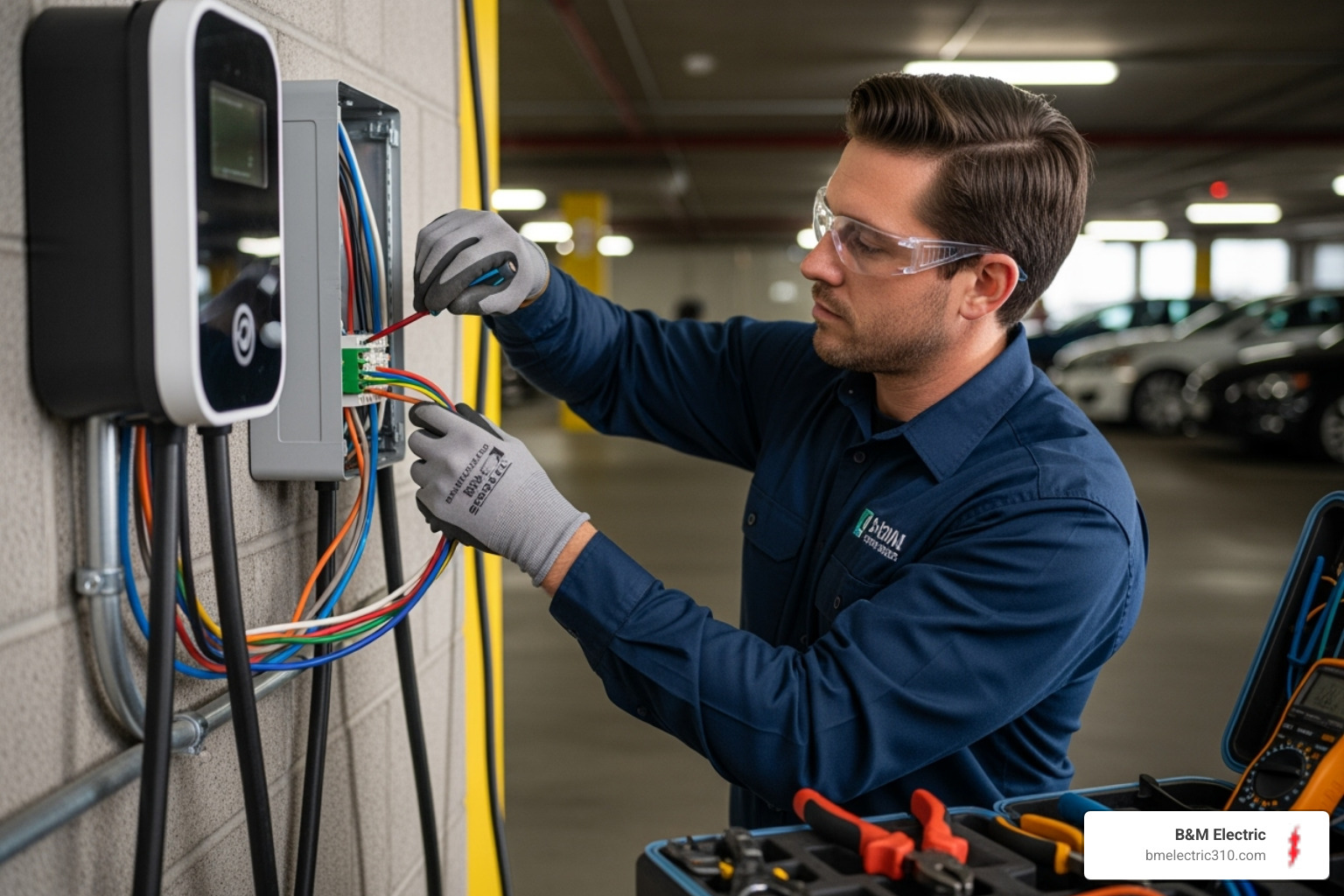 licensed electrician safely installing wiring for an EV charger - commercial ev charger installation torrance