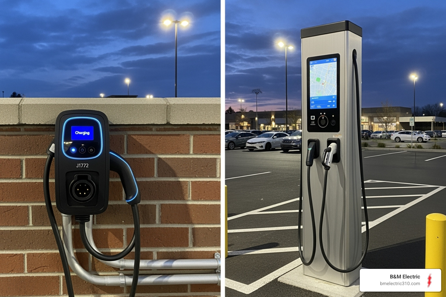 comparing a wall-mounted Level 2 charger with a freestanding DC Fast Charger - commercial ev charger installation torrance