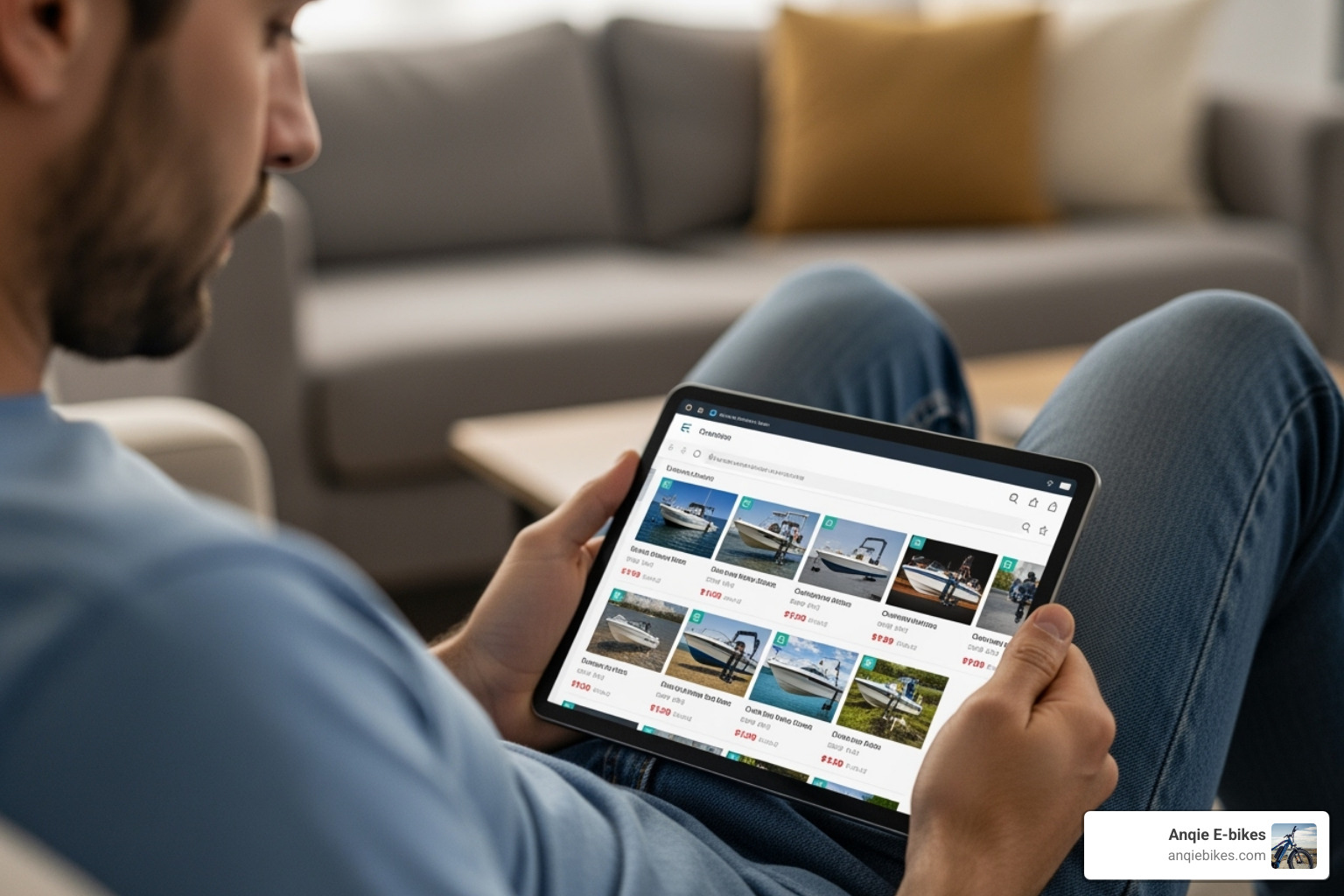 Person browsing online listings for outboard motors on a tablet - pre owned outboard motors