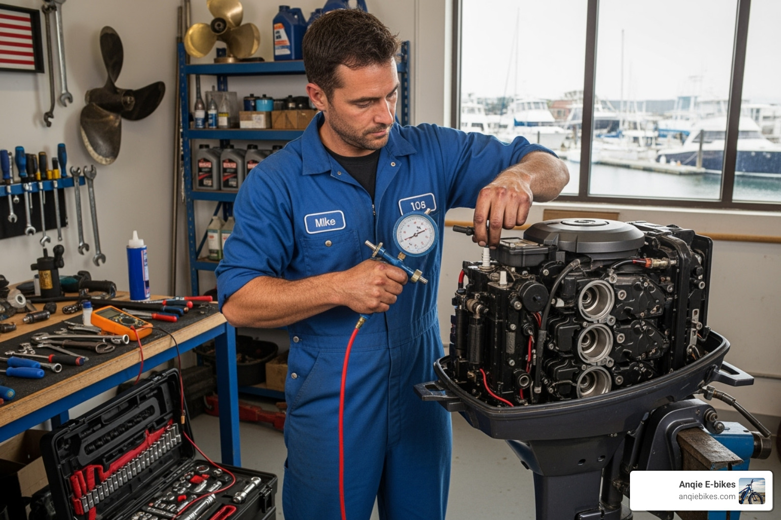Mechanic performing a compression test on an outboard motor - pre owned outboard motors