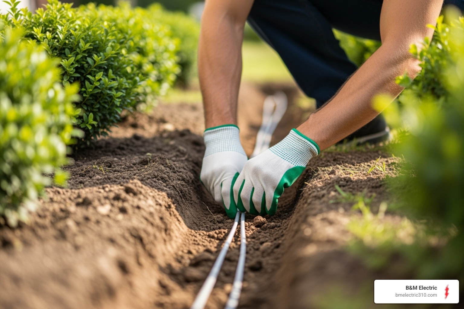 professional electrician neatly burying low-voltage wire - low voltage landscape lighting torrance