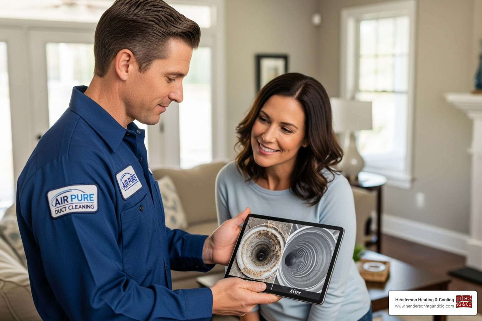 professional, uniformed technician showing a homeowner a before-and-after photo on a tablet - air duct cleaning