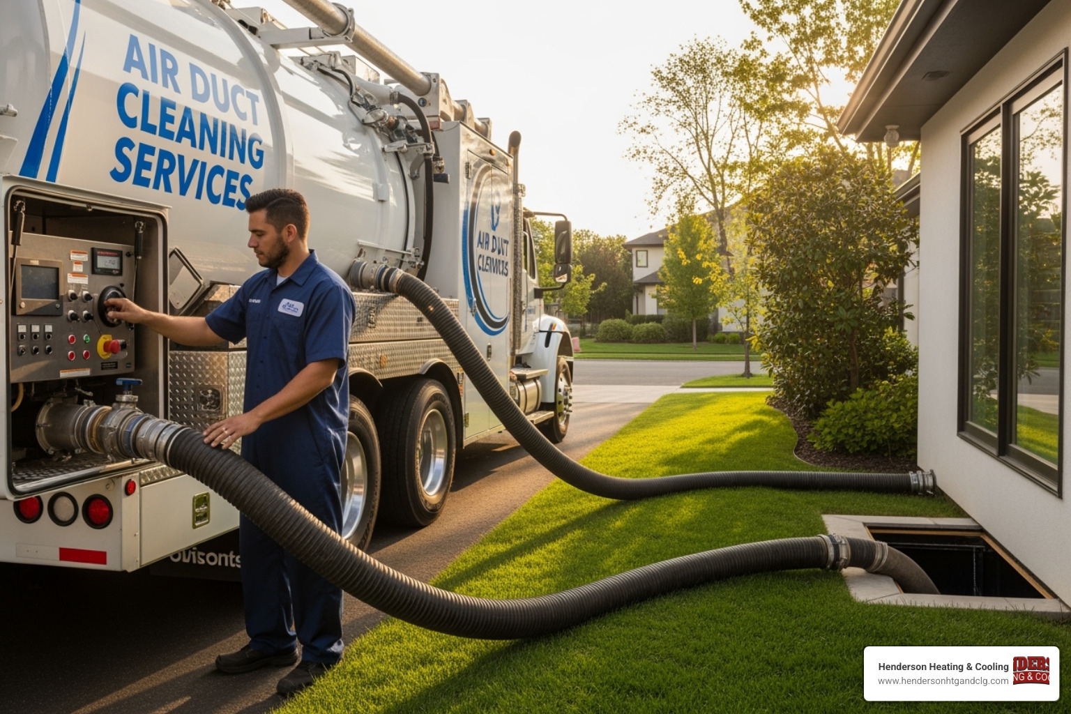 technician using a powerful, truck-mounted vacuum system connected to a home - air duct cleaning