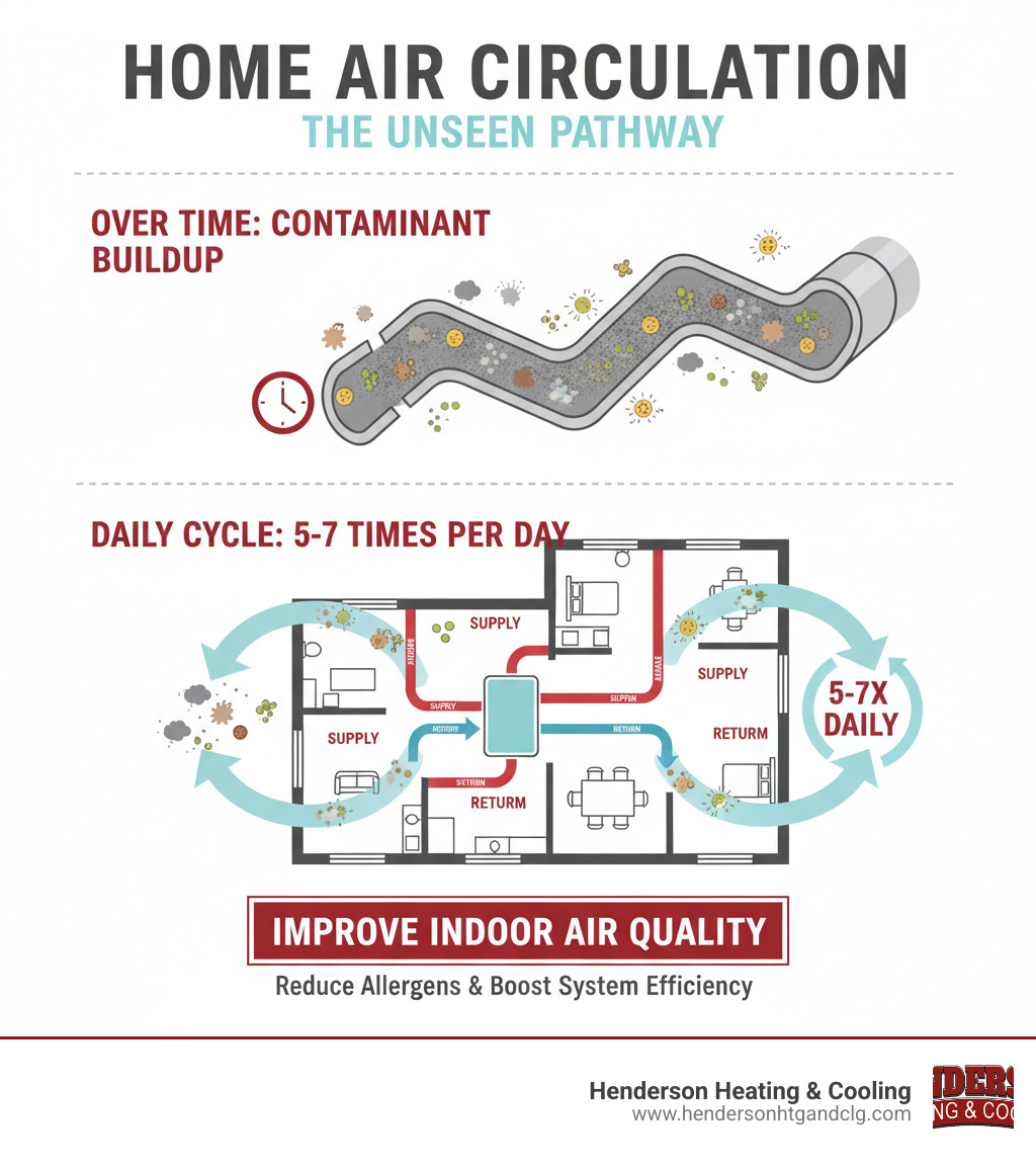 Infographic showing how contaminants like dust, pet dander, pollen, and mold spores accumulate in ductwork over time and circulate through a home's HVAC system 5-7 times daily, with arrows indicating airflow patterns through supply and return ducts into living spaces - air duct cleaning infographic 