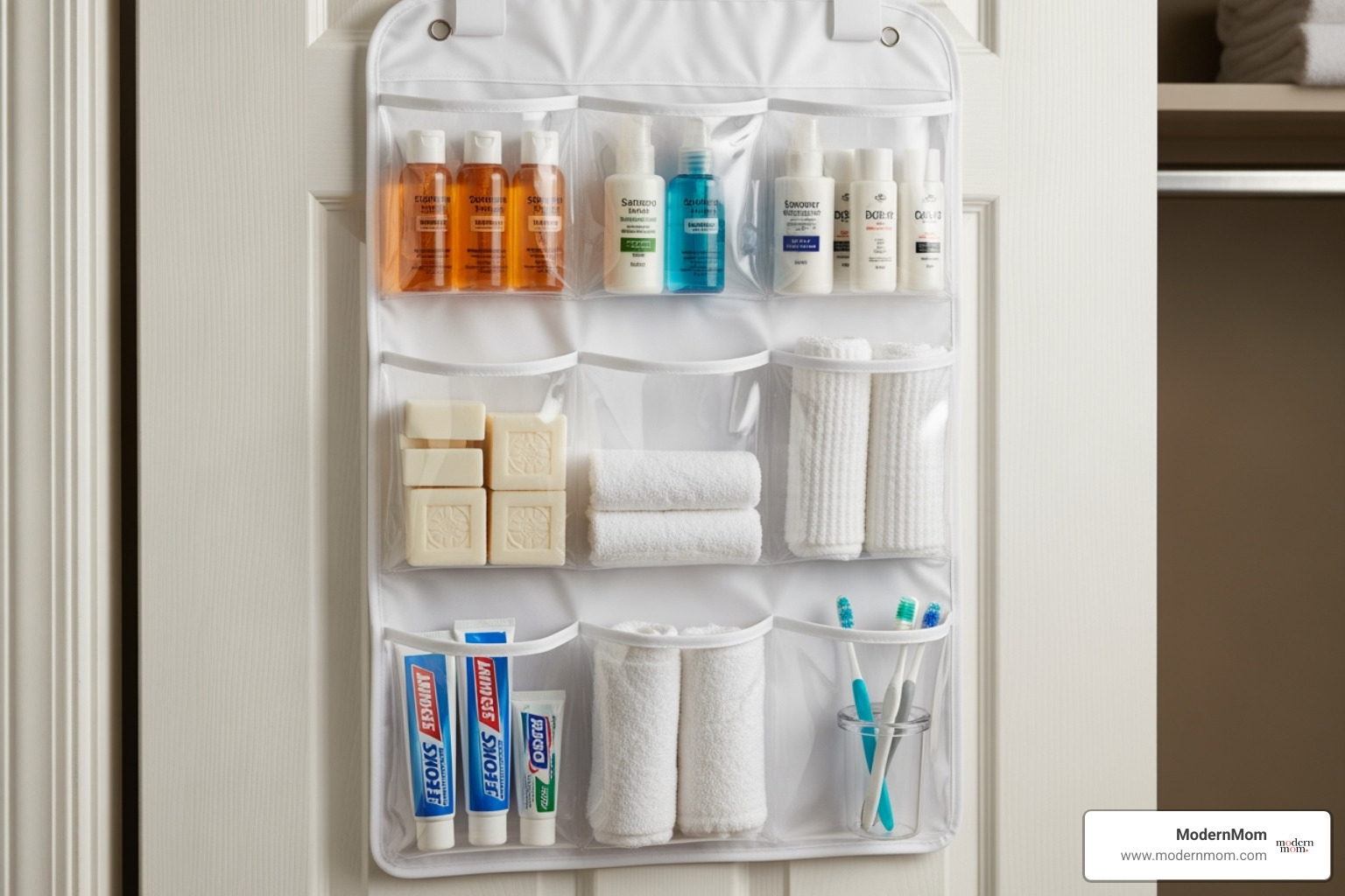 Over-the-door organizer filled with toiletries and washcloths - Linen closet organization
