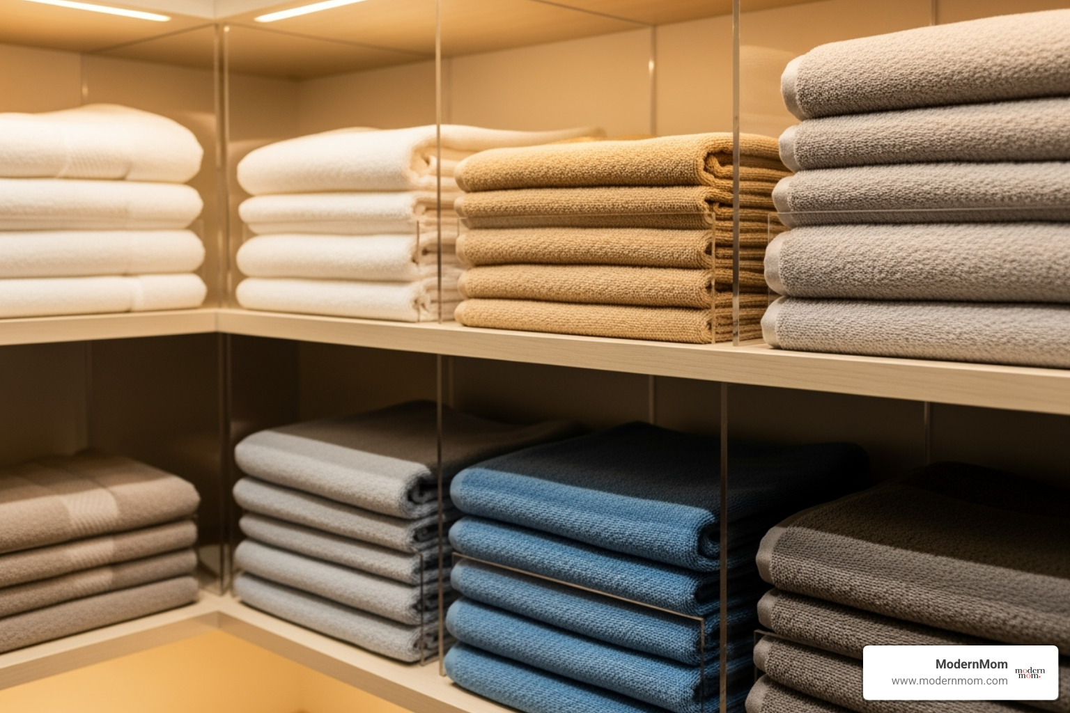 Neatly folded towels separated by shelf dividers - Linen closet organization