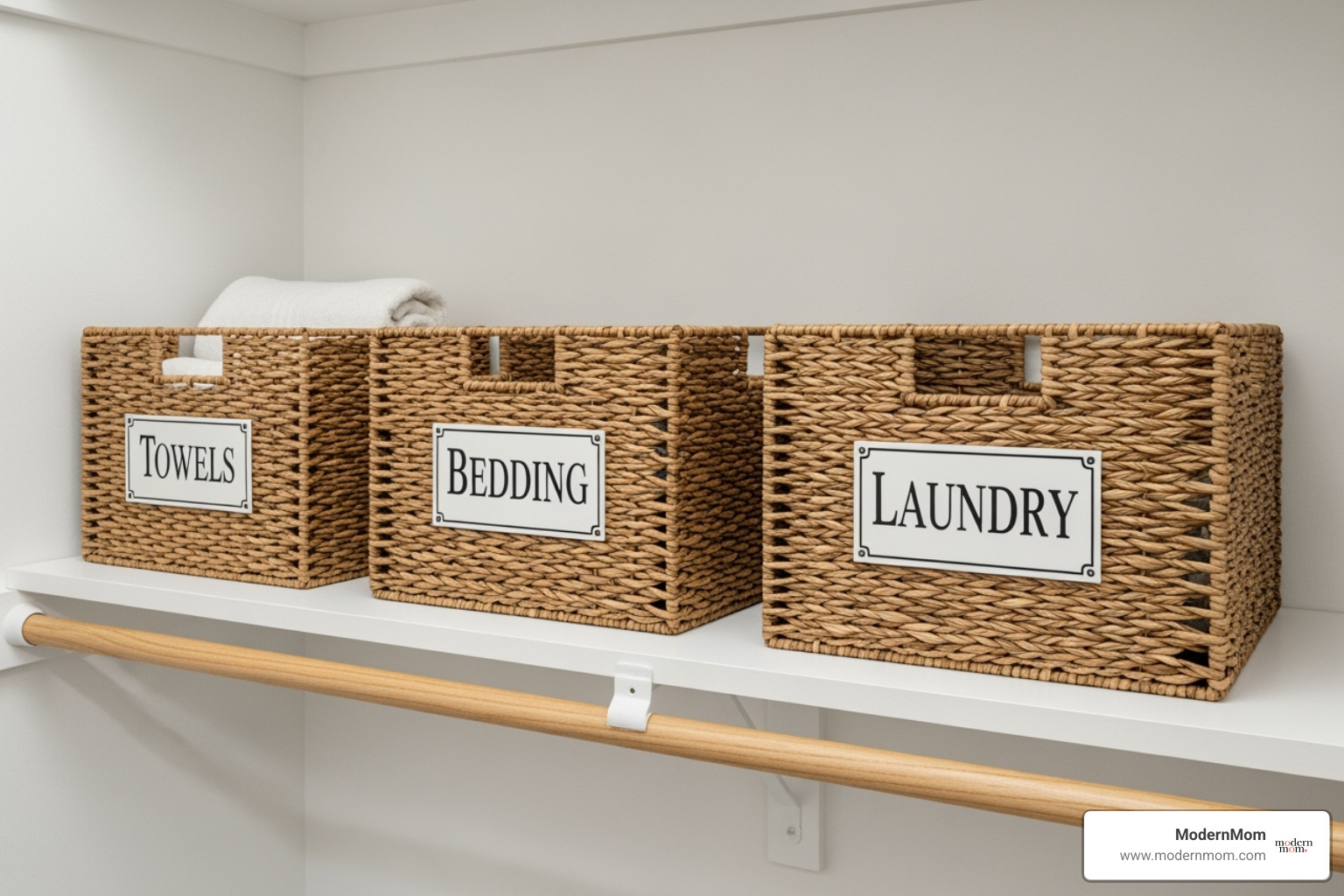 Stylish, clearly labeled baskets on a shelf - Linen closet organization