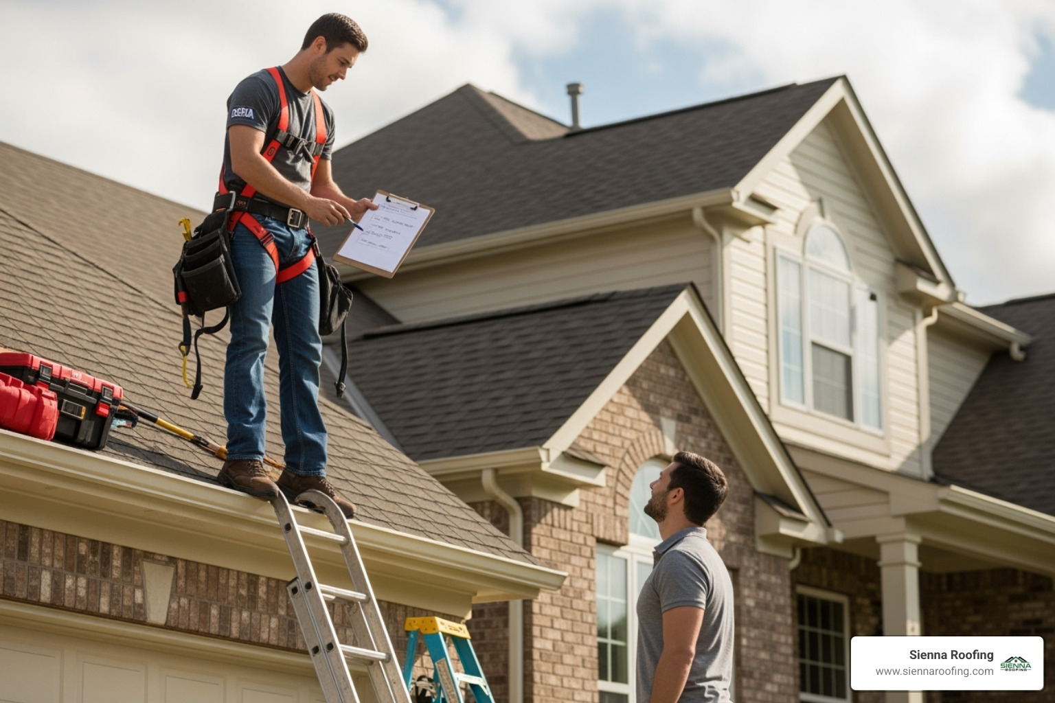 Roofer, wearing an OSHA-approved safety harness, providing a detailed written estimate to a homeowner - roof replacements near me Roofer, wearing an OSHA-approved safety harness, providing a detailed written estimate to a homeowner - roof replacements near me