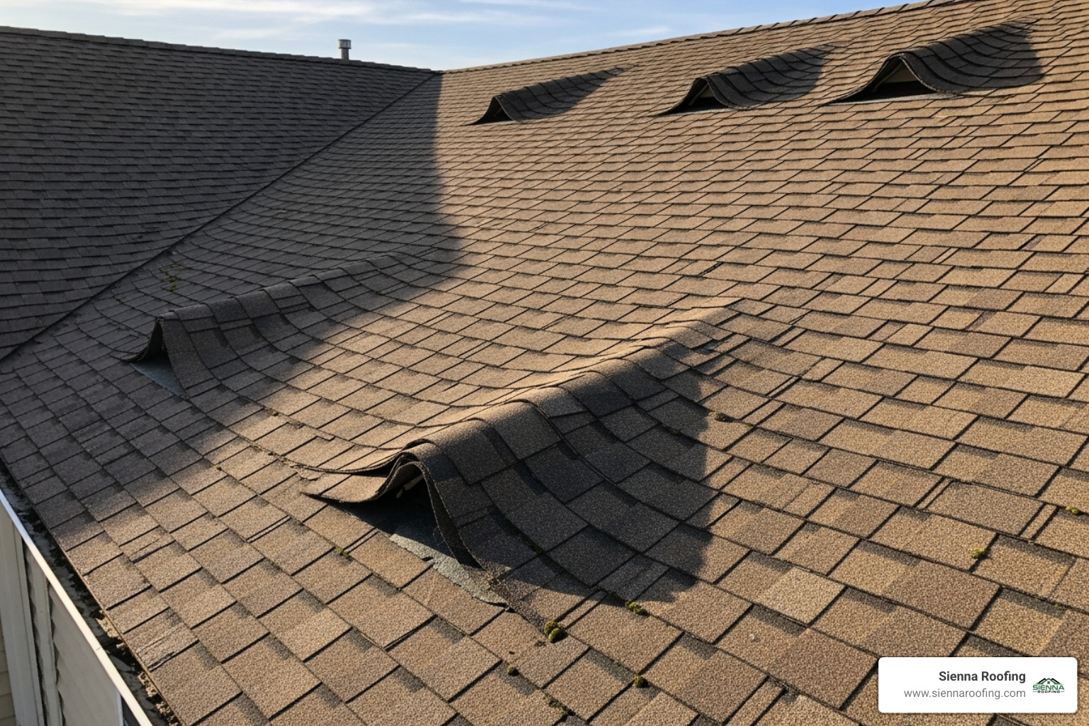 Curling and buckling asphalt shingles on a roof, showing clear signs of wear and tear - roof replacements near me Curling and buckling asphalt shingles on a roof, showing clear signs of wear and tear - roof replacements near me