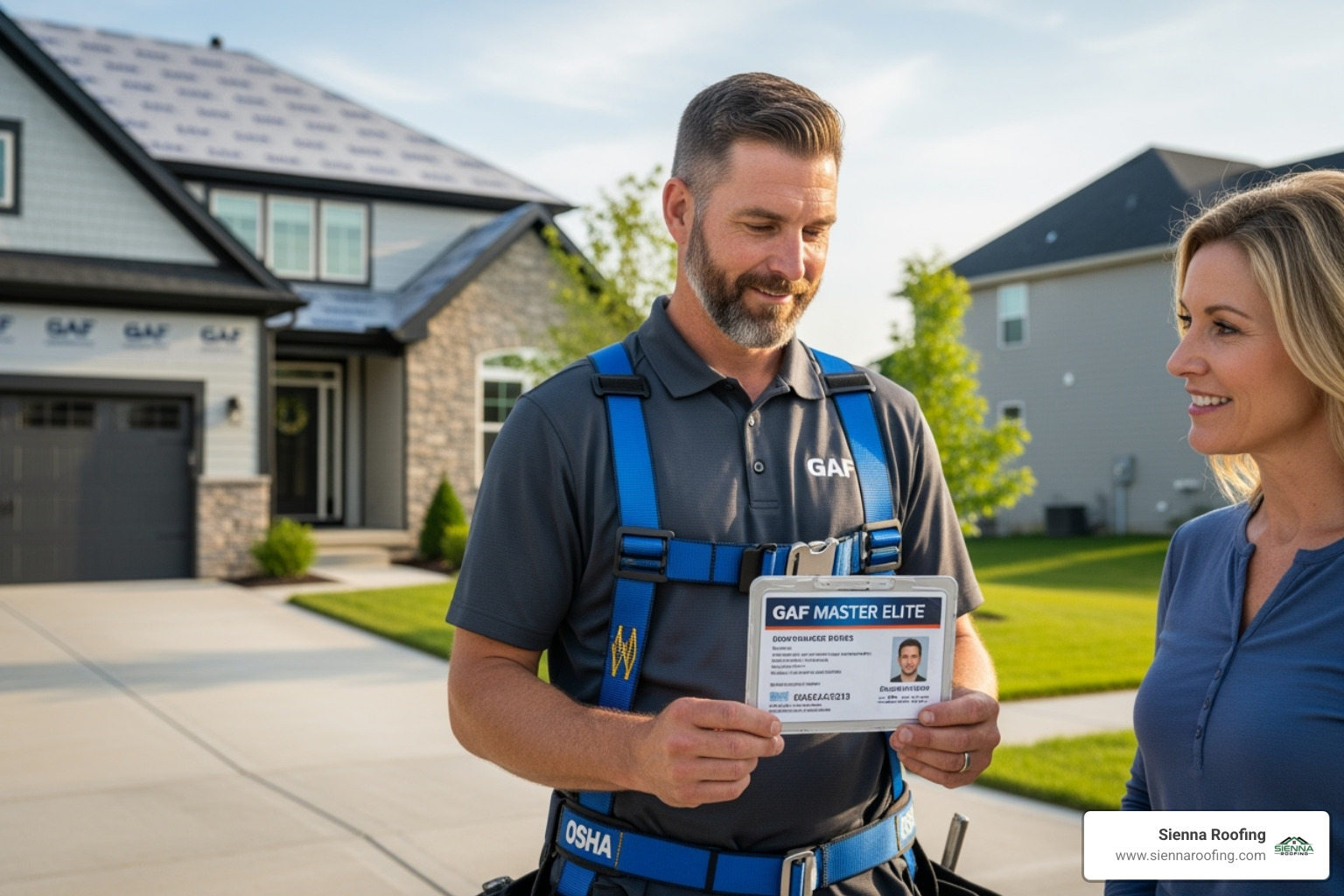 Certified roofing contractor, wearing an OSHA-approved safety harness, showing their GAF Master Elite credentials to a homeowner - roof replacements near me Certified roofing contractor, wearing an OSHA-approved safety harness, showing their GAF Master Elite credentials to a homeowner - roof replacements near me