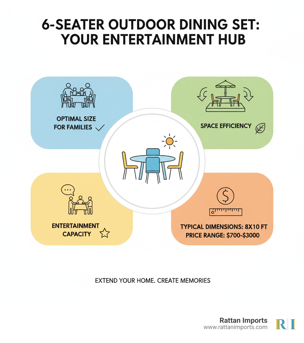 infographic showing benefits of 6 seater outdoor dining sets including optimal size for families, space efficiency, entertainment capacity, and typical dimensions of 8x10 feet with price ranges from $700-$3000 - 6 seater outdoor setting infographic 