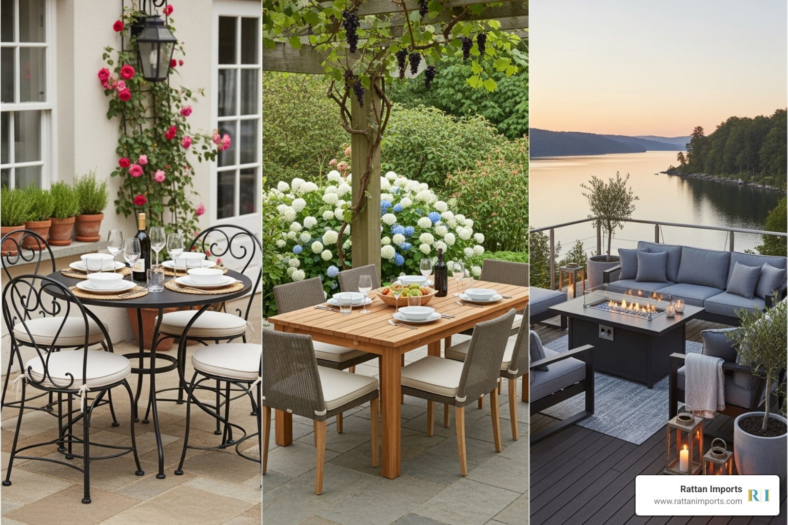 collage of different sized outdoor dining sets (a 4-seater bistro, a 6-seater, and a large 8+ seater sectional) - 6 seater outdoor setting