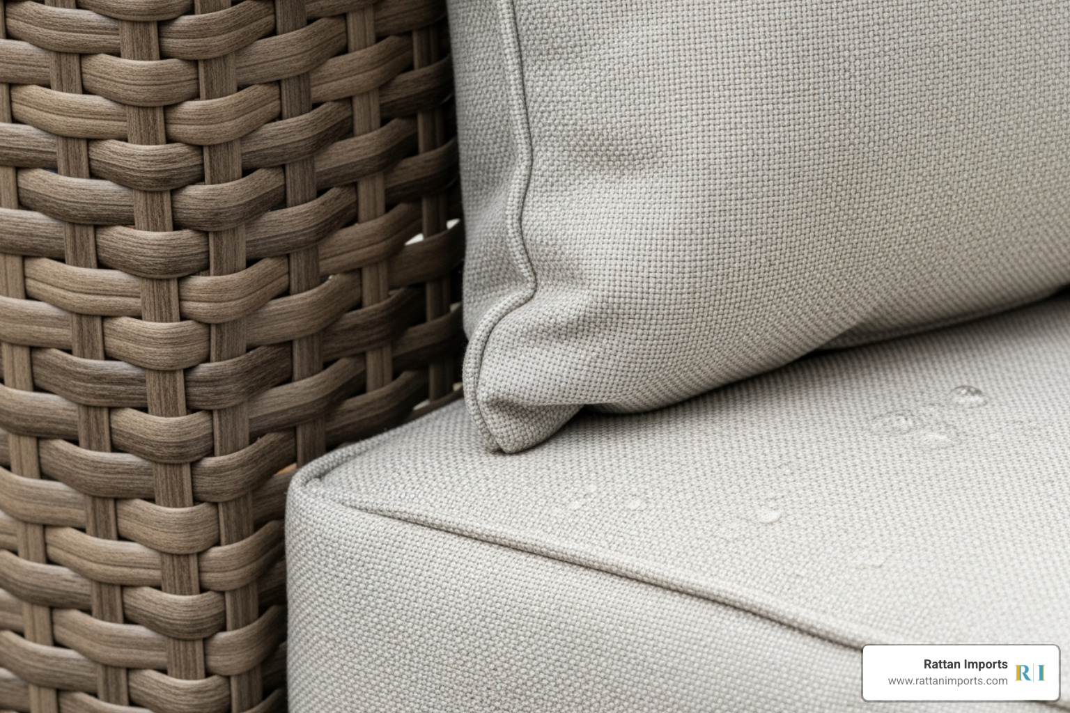 close-up shot showing texture of all-weather wicker next to plush cushion - 6 seater outdoor setting