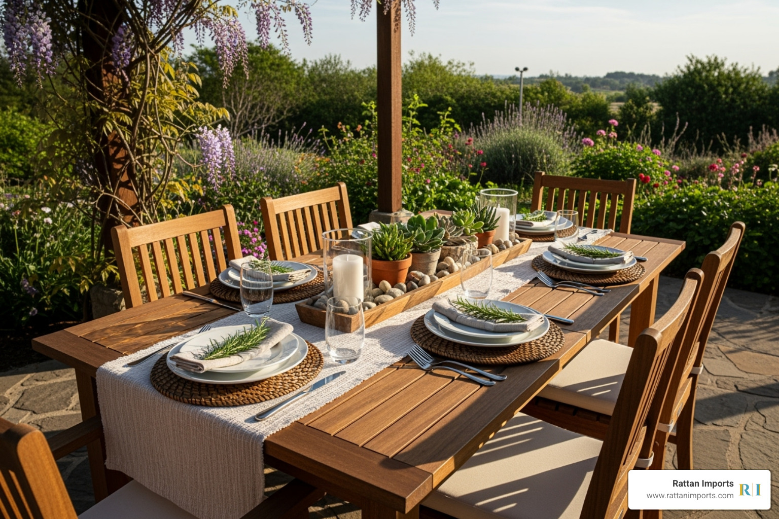 6-seater dining table decorated with a runner, centerpiece, and neat place settings - 6 seater outdoor setting